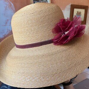 Vintage Patricia Underwood Straw Brim Hat with Organza Flower and Band